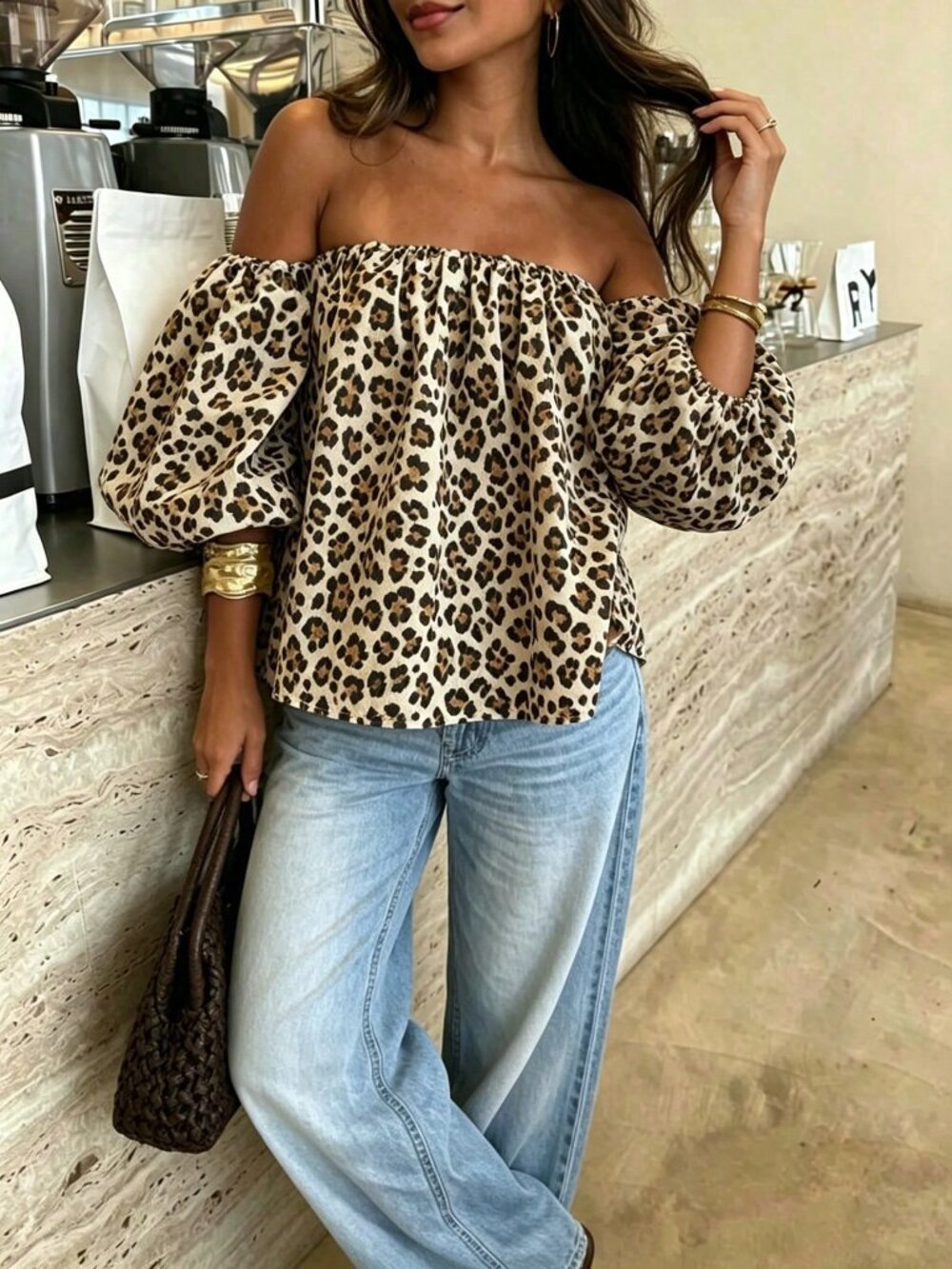 Multicolor Casual Women's Vacation Leopard Print Shoulder Top - Picture 4 of 5
